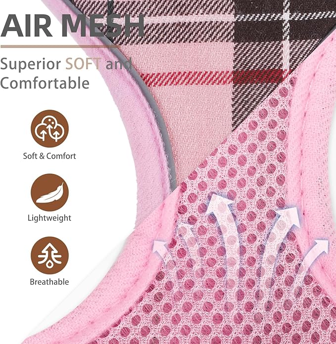 PUPTECK Soft Mesh Dog Harness and Leash Set Pet Puppy Cat Adjustable Reflective Padded Vest No Pull Harnesses, Pink, S