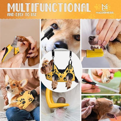 Pet Grooming Hammock for Nail Trimming - Complete Groomers Helper Set for Pet - Dog Grooming Hammock with Hook - Cat Nail Clipper - Dog Hammock for Nail Clipping (XS, Gold with Black Paws)