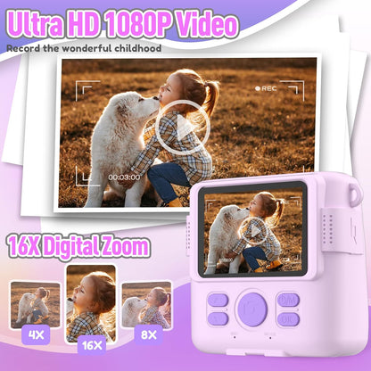 Instant Print Camera for Kids, Christmas Birthday Gifts for Girls Boys Age 3-12,Digital Kids Cameras for Toddler, Portable Toy for 3 4 5 6 7 8 9 10 Year Old Girl with 32GB SD Card-Purple