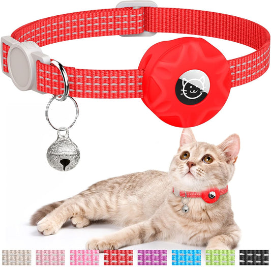 AirTag Cat Collar, Reflective Kitten Collar Breakaway Apple Air Tag GPS with Holder and Bell, Lightweight Tracker Collars for Girl Boy Cats, Kittens Puppies (Red)