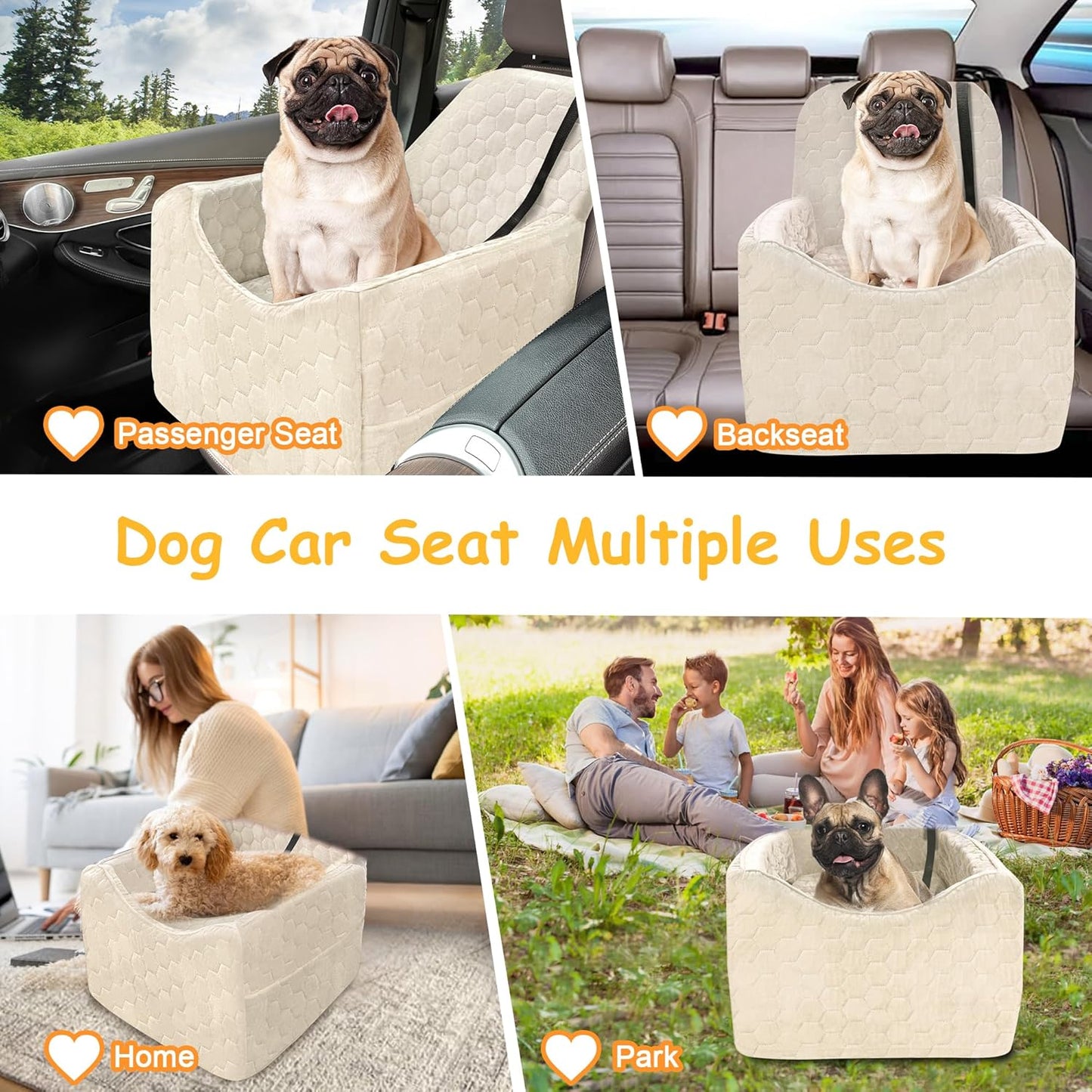 Dog Car Seat for Small/Medium Dogs, Memory Foam Dog Booster Seat, Travel Safety Per Car Seat with Washable Removable Cover, Storage Pockets for Dogs up to 35 lbs (White, Small)