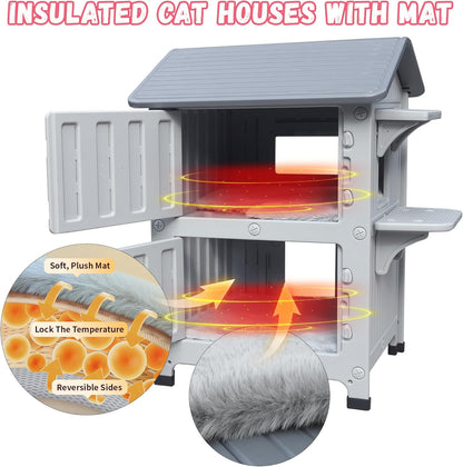 Plastic 2 Story Outdoor Cat House with Soft Mat,Insulated Cat House for Outdoor Cats with Escape Door, Waterproof Outside Cat Shelter, Clean and Assemble Easily