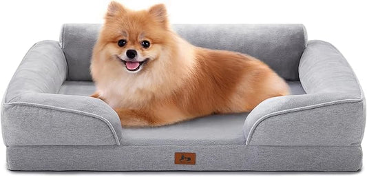 Orthopedic Dog Beds for Medium Size Dogs, Waterproof Egg-Crate Foam Pet Couch Bed with Soft Sides, Non-Slip Dog Sofa with Flannel Removable Washable Cover, 28" Supportive Pet Sofa, Light Grey