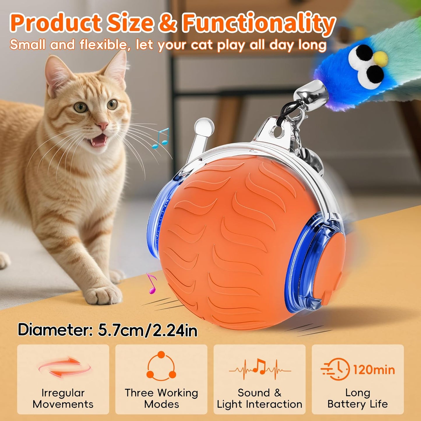 UPSKY Interactive Cat Toy Ball for Indoor Cats, Automatic Moving Electric Rolling Cat Ball Toy, 3-Speed Modes Smart Kitten Toys with Sounds, USB Rechargeable & Sturdy for Bored Kittens/Adult Cats