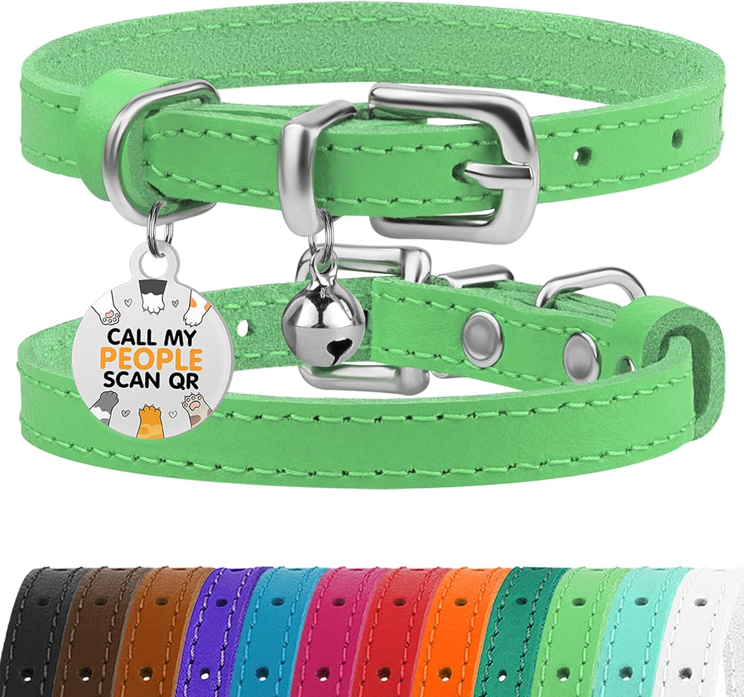 BRONZEDOG Leather Cat Collar with Removable Bells Non Breakaway Kitten QR Tag for Girl Boy (9" - 12" Cats/Mini Dogs, Green & Silver)