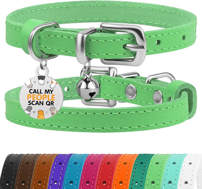 BRONZEDOG Leather Cat Collar with Removable Bells Non Breakaway Kitten QR Tag for Girl Boy (9" - 12" Cats/Mini Dogs, Green & Silver)