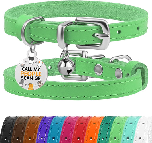 BRONZEDOG Leather Cat Collar with Removable Bells Non Breakaway Kitten QR Tag for Girl Boy (9" - 12" Cats/Mini Dogs, Green & Silver)