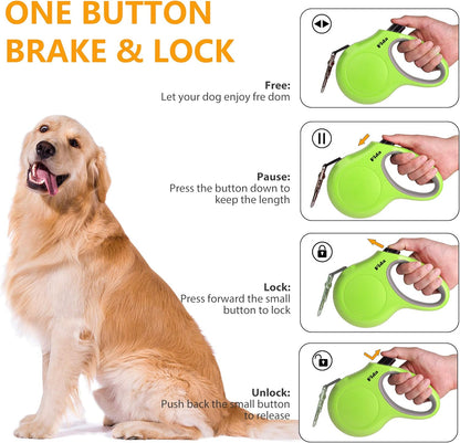 Fida Retractable Dog Leash with Dispenser and Poop Bags, 10 ft Pet Walking Leash for X-Small Dog or Cat up to 18 lbs, Anti-Slip Handle, Tangle Free, Reflective Nylon Tape (XS, Green)