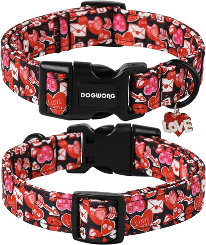 DOGWONG Valentine Dog Collar- Cute Red Heart Dog Collars Adjustable Durable Designer Valentine’s Day Dog Collar for Small Medium Large Dogs S