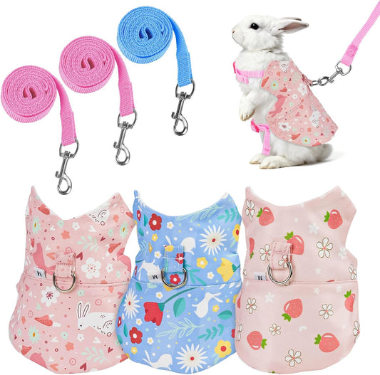 Bunny Harness and Leash Set for Rabbits & Small Pets - 3-Piece Escape-Proof Rabbit Harness with Adjustable Clothes (Light Pink/Pink/Light Blue) - Soft Bunny Leash for Guinea Pigs, Ferrets & More