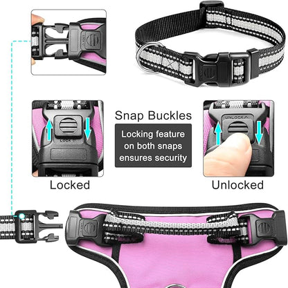 WINSEE Dog Harness No Pull, Pet Harnesses with Dog Collar, Adjustable Reflective Oxford Outdoor Vest, Front/Back Leash Clips for Small, Medium, Large, Extra Large Dogs, Easy Control Handle for Walking