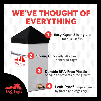 RentACoop 32oz(1L) Small Animal Drinker with No-Drip Brass Nozzle - Suitable for Small Pets, Bunnies, Hamsters, Guinea Pigs, Hedgehogs, Rabbits, Chinchillas, Mice and Rats