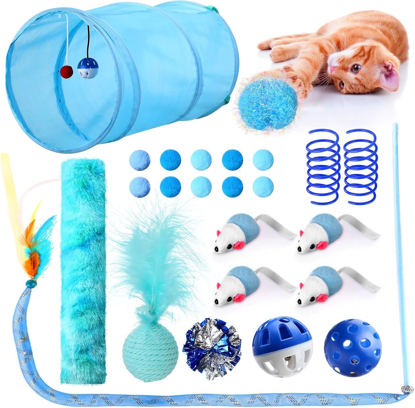 24 Pcs Cat Toys Set Interactive Kitten Toys Pack Including Collapsible Play Tunnel Feather Teaser Wand Fuzzy Ball Springs Pillow Mouse Bells for Indoor Cats Puppy (Blue)