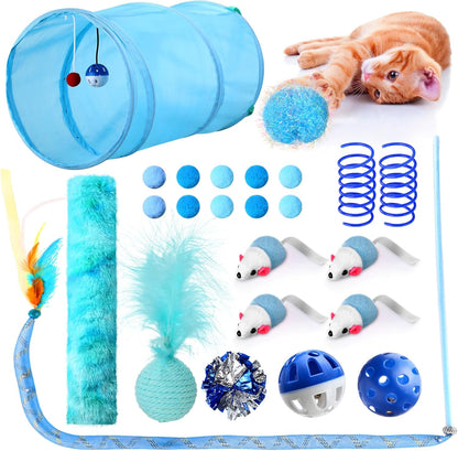 24 Pcs Cat Toys Set Interactive Kitten Toys Pack Including Collapsible Play Tunnel Feather Teaser Wand Fuzzy Ball Springs Pillow Mouse Bells for Indoor Cats Puppy (Blue)