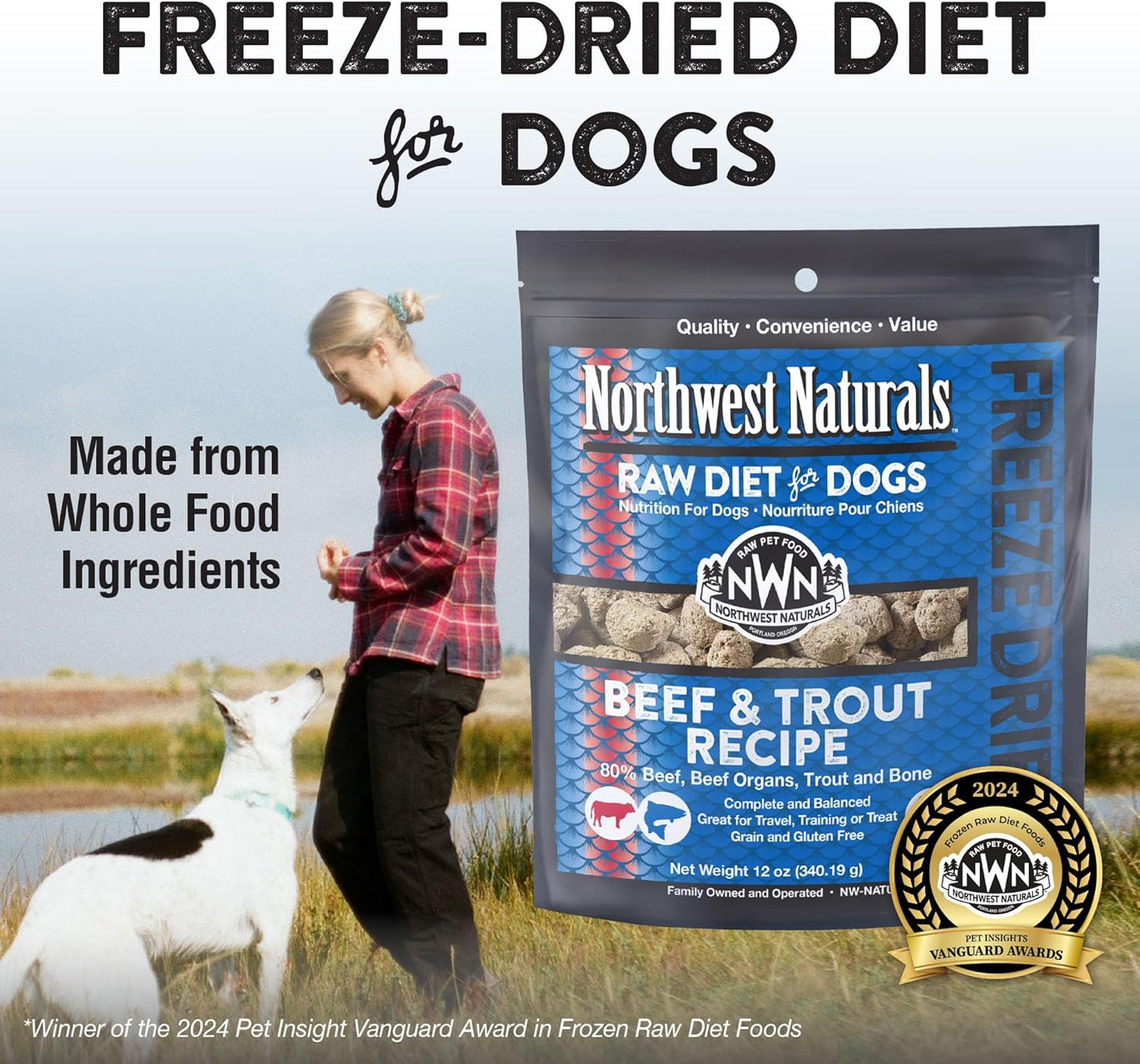 Northwest Naturals Freeze-Dried Beef & Trout Dog Food - Bite-Sized Nuggets - Grain-Free, High-Protein, Raw Diet, Human-Grade Ingredients, All Natural, Omega-3 for Skin & Coat, Made in USA, 12 Oz
