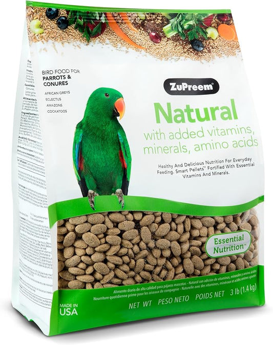 ZuPreem Natural Bird Pellets, Daily Bird Food for Parrot, Conure, Caique, African Grey, Eclectus, Small Cockatoo, Core Nutrition for Medium Large Birds, Added Vitamins, Parrot Food (ML, 3 lbs)
