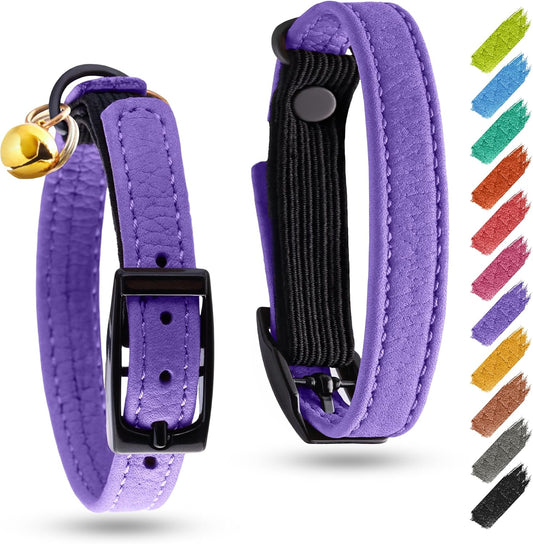 Leather Cat Collar with Bell and Safety Elastic Strap Breakaway Alternative for Small & Large Kittens, Stylish Pet Leather Collar for Boy, Girl Cats with Metal Buckle & QR ID Tag (Purple)