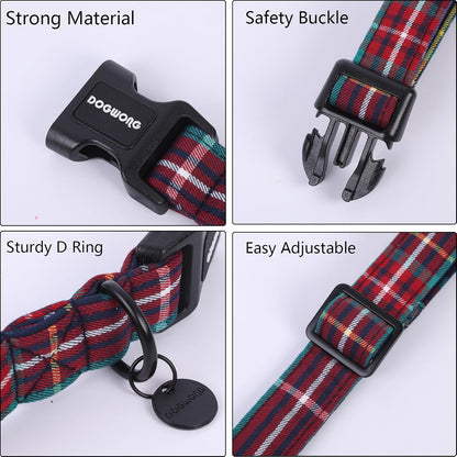 DOGWONG Christmas Cotton Dog Collar, Blue Tartan Christmas Dog Collar Durable Soft Fabric Pet Dog Collars Cute Blue Plaid Puppy Necklace for Small Medium Large Dogs