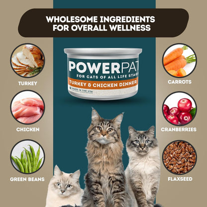 Only Natural Pet PowerPate Grain-Free Turkey & Chicken Dinner Wet Cat Food - High Protein, Healthy Balanced Nutrition for Kittens & Cats of All Life Stages, 2.75 oz Cans, Case of 12 (T)