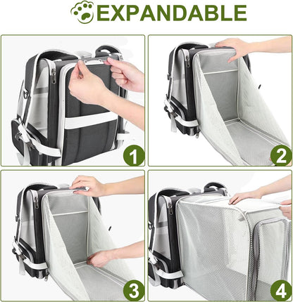 Texsens Cat Backpack - Expandable Pet Carrier for Medium Cats and Small Dogs up to 17 lbs - Breathable, Collapsible & Soft Cat Travel Bag for Outdoor Hiking (Black)