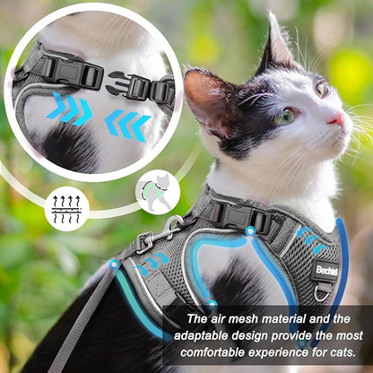 Cat Harness and Leash Set for Walking Escape Proof, Adjustable Soft Kittens Vest with Reflective Strip for Cats, Comfortable Outdoor Vest, Cat Car Leash, Grey, S