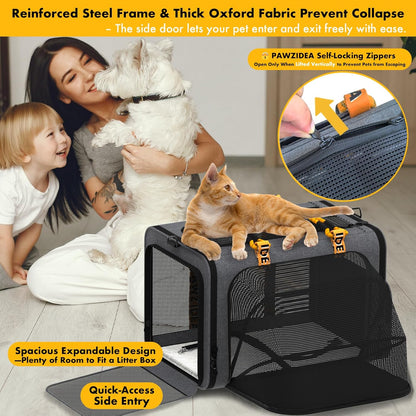 PAWZIDEA Large Pet Carrier Expandable, 24"×16"×16" Soft-Sided Cat Carrier for 2–4 Cats up 55lb, Portable & Collapsible Small Medium Dog Travel Crate for Car, XL Storage Pocket, ID Card, Shoulder Strap