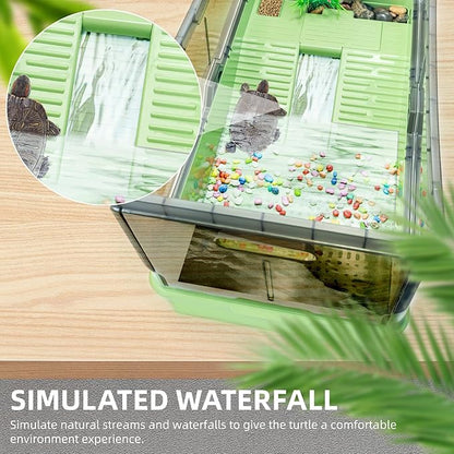 Turtle Tank kit with Filter+Water Pump+Heat lamp, Wheels, Easy to Move, Imitate The Natural Flows, Suitable for Small Turtle Horned Frog Hermit (XL, Green)