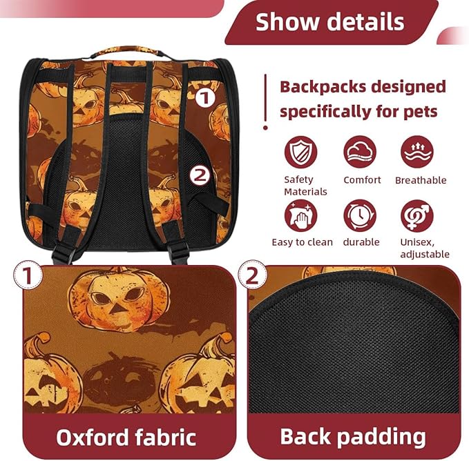 Portable Travel pet Backpack Carrier Hamster Bag Small Dog cat Carrier Breathable Hang Bag, Pumpkin Helloween 144