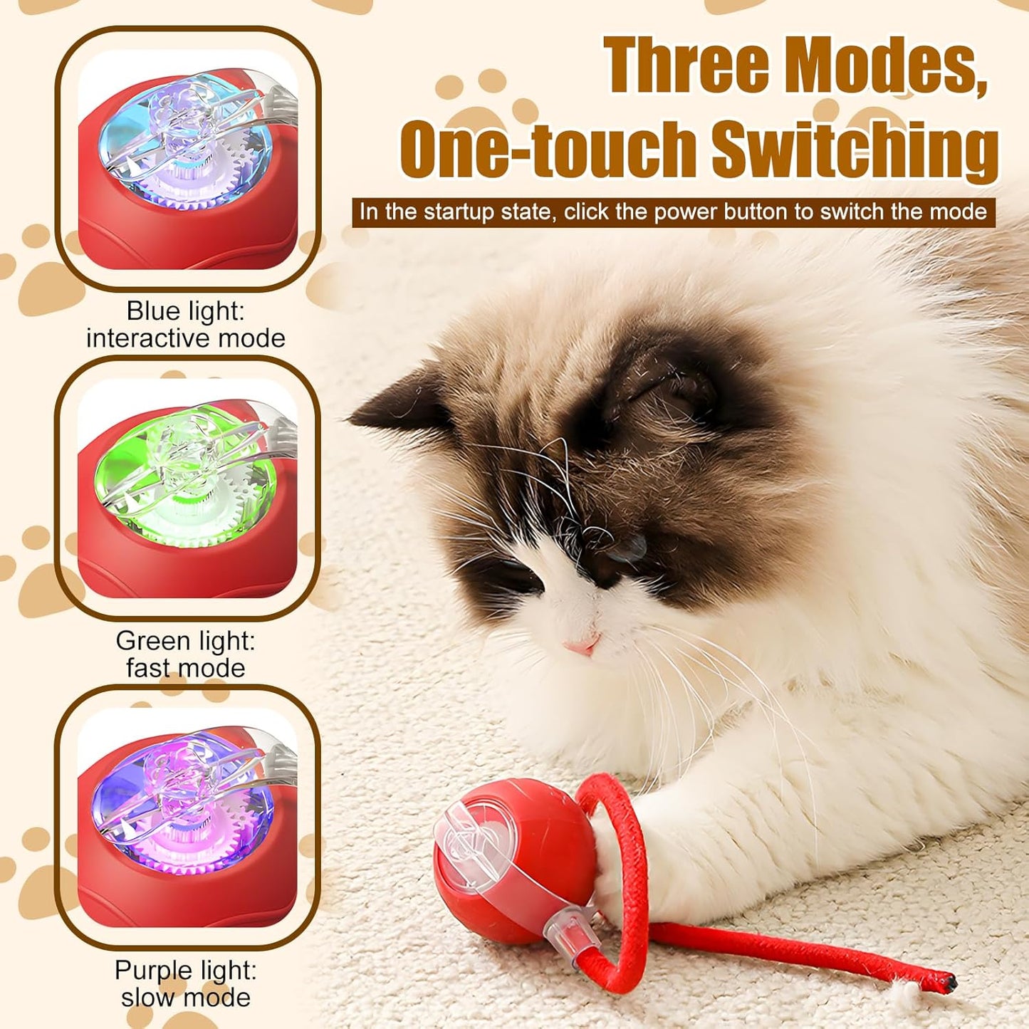 Interactive Cat Toy Balls,2025 New Interactive Rolling Cat Balls,Smart Automatic Rolling Pet Ball,Automatic Obstacle Avoidance Cat Toy with Rope for Cat & Dog (RED)