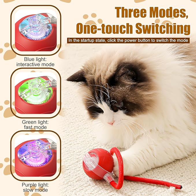 Interactive Cat Toys Ball for Indoor Cats, 2025 Newly Upgraded Automatic Rolling Balls, Moving Cat Ball with Elastic Mesh Tail, Kitten Toys for for Bored Indoor Adult Cats/Dog (Red)