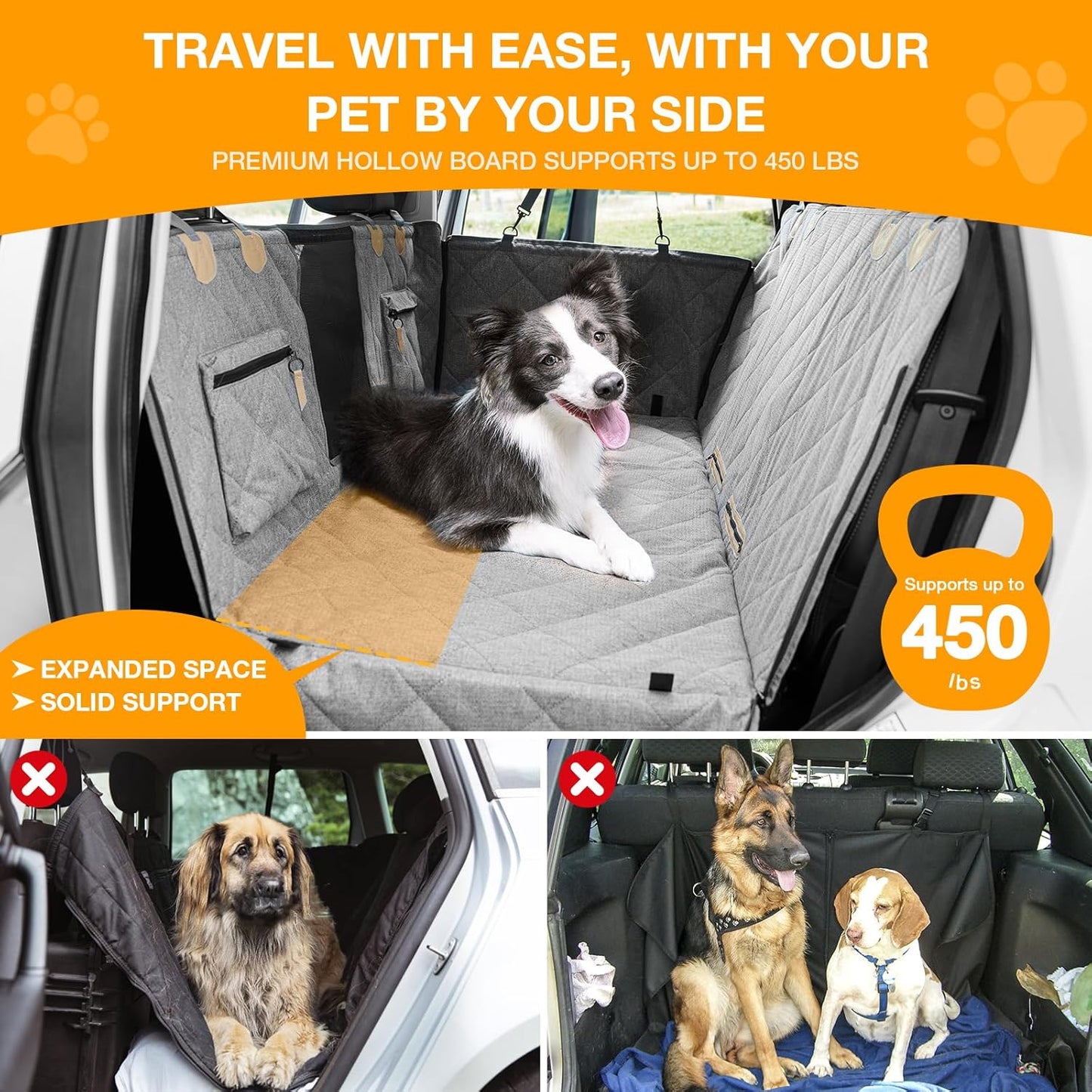 Dog Car Seat Cover, Hard-Bottom Back Seat Extender for Pets, Waterproof Nonslip Hammock for Car, Backseat Dog Bed for Cars SUVs Trucks, Car Seat Protector, Universal Fit 52 x 25 in, Grey