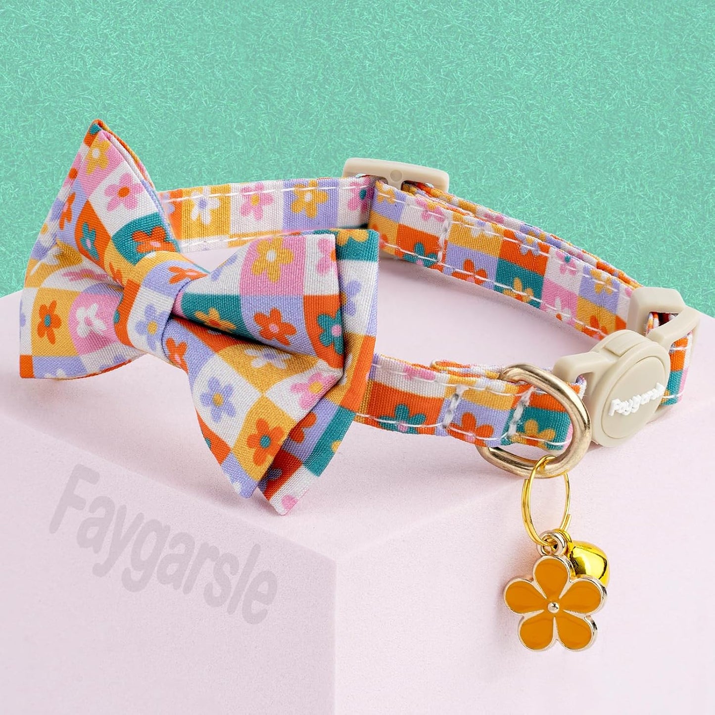Faygarsle 2 Pack Floral Pattern Cat Collar Set with Bandana and Bow Tie, Breakaway Safety Buckle, Colorful Checkered Design