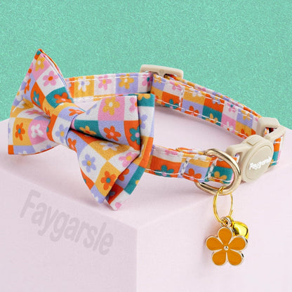 Faygarsle 2 Pack Floral Pattern Cat Collar Set with Bandana and Bow Tie, Breakaway Safety Buckle, Colorful Checkered Design