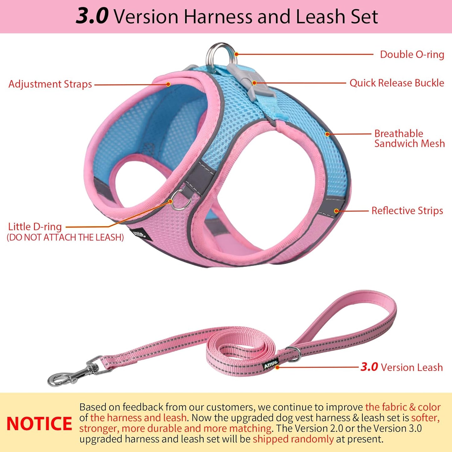 AIITLE Comfortable Dog Harness and Leash Set for Walking - Summer Step in Vest Harness,Reflective Bands, Adjustable No Pull Puppy Essentials, for Small Dogs and House Cats Pink XS