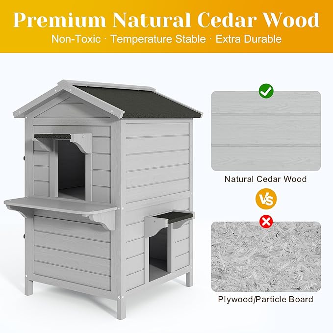 Outdoor Cat House Wooden Shelter: Large Weatherproof Pet Enclosure for Indoor or Feral Cats, 2-Tier Cat House for Outside Cats