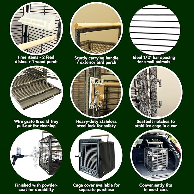 ZooPro Pet Travel Cage - Durable Metal Small Pet Carrier - for Sugar Gliders, Hedgehogs, Squirrels, Guinea Pigs, Hamsters, Rats, Parrots, Finches, Parakeets, & Other Small Mammals and Birds