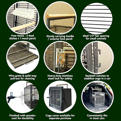 ZooPro Pet Travel Cage - Durable Metal Small Pet Carrier - for Sugar Gliders, Hedgehogs, Squirrels, Guinea Pigs, Hamsters, Rats, Parrots, Finches, Parakeets, & Other Small Mammals and Birds