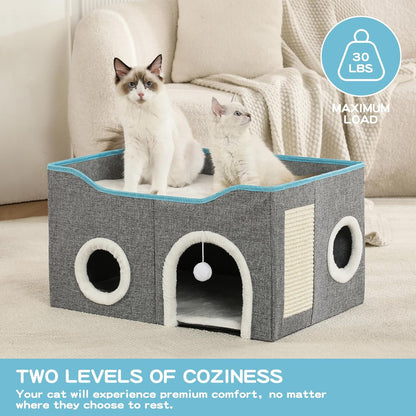 Large Cat Bed for Indoor Cats, Extra Wide Cat Cave House with Scratch Pad and Fluffy Ball, Foldable Cat Hideaway for Kitten Bed, Cat Condo for Cats (Grey, X-Large)