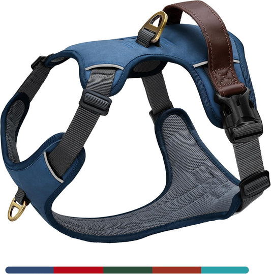 No Pull Dog Harness Medium Sized Dog,Stylish PU Leather Vest with Easy Control Handle,No Choke Front Clip with 2 Metal Leash Clips,Reflective & Adjustable for Walking,Blue,Chest 22-29"