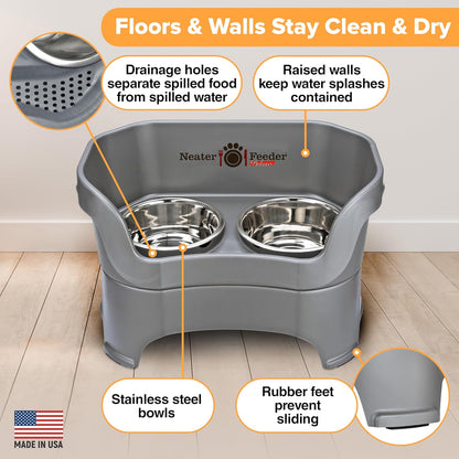 Neater Pet Brands Neater Feeder Deluxe Mess Proof Dog Bowls Elevated for Large Dogs Over 40 lbs, Made in USA, No Spill Raised Dog Food Bowl Stand Feeding Station, Food and Water Bowl Set, Grey