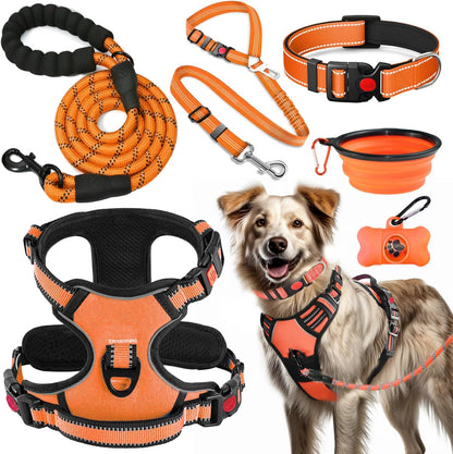 No Pull Dog Harness, Collar & Leash Set | Includes Dog Seat Belt, Collapsible Bowls & Poop Bag Dispenser. Ideal for Training, Walking, Hiking. Fits Small to Large Dogs(Orange-XL)