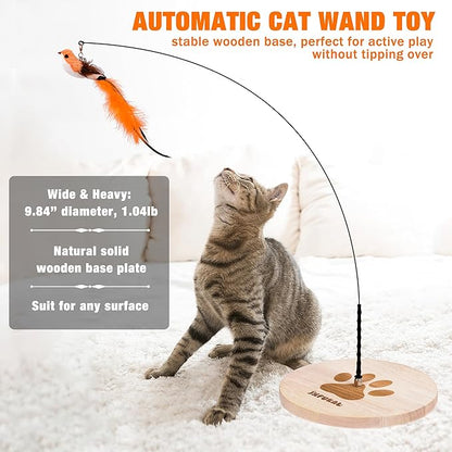 JXFUKAL Interactive cat Toy, Automatic Cat Wand Toy with Stable Wooden Base, 2 PCS Detachable Cat Teaser, 5PCS Refills Replacement & Hanging Cat Toy, Kitty Kitten Toys Cat Feather Spring String Toy