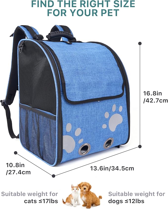 Cat Backpack Carrier with Comfort Handle, Ventilated Cat Backpack with Reflective Strips, Foldable Cat Carrying Backpack for Cats up to 17 lbs and Small Dogs up to 13 lbs (Blue)