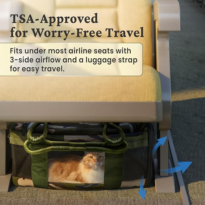| TSA Airline Approved |Soft Sided Pet Carrier | Cat Carrier | Dog Carrier| Pets Up to 15 lbs | Leash & Luggage Strap | Camo Green Handle