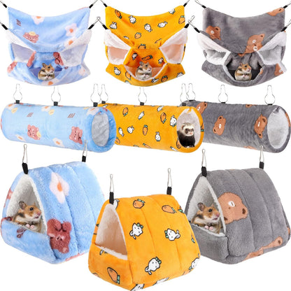 Abbylike 9 Pieces Rat Hammock 3 Tier Guinea Pig Ferret Hammocks Small Pet Hanging Tunnel Glider Toy Guinea Pig Ferret Hideout Bed Cage Accessories for Hamster(Yellow, Grey, Blue,Bear)