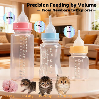 Pet Feeding Bottle Set, 3 Pack Anti-Choking Kitten Puppy Feeder-150ml/120ml/ 60ml,with 3 Pcs Replaceable Silicone Nipples for All Breed Small Animals-Kitten, Puppy, Rabbit