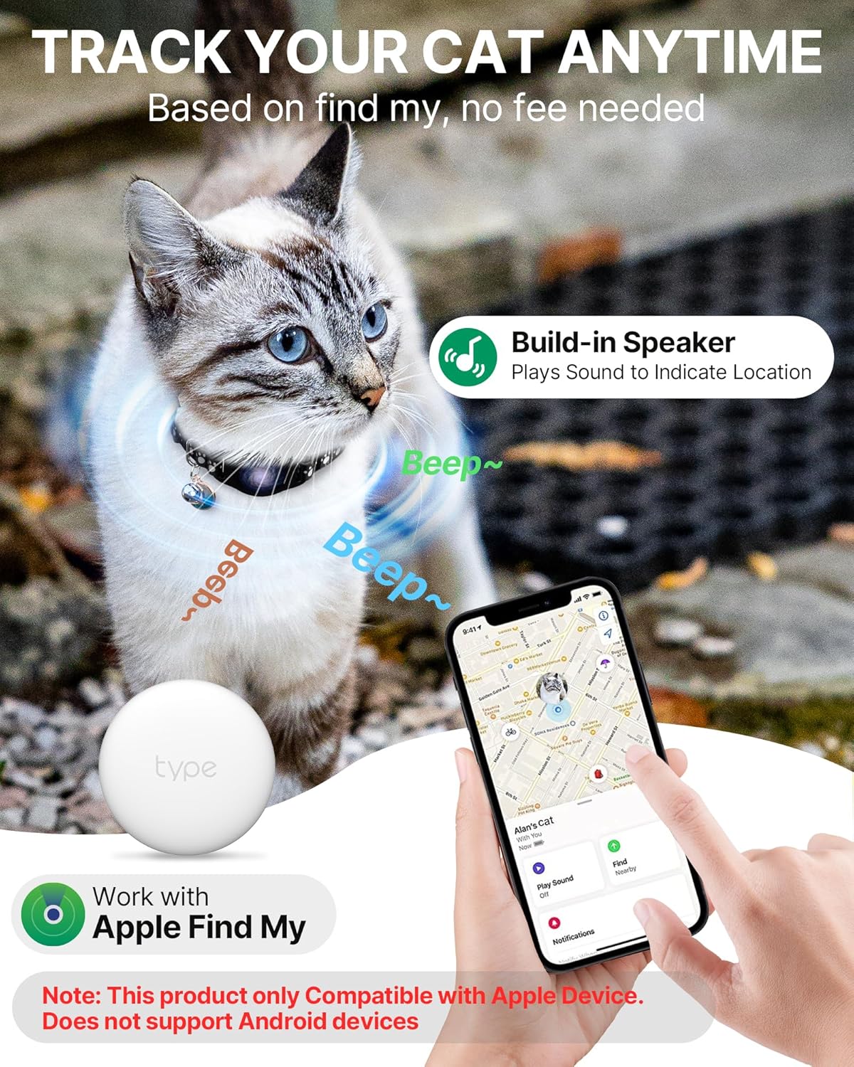 Cat Tracker Collar Waterproof Airtag Cat Collar with Finder Tag (iOS ONLY Not for Android Devices), Compatible with Apple Find My, Breakaway Tractive with Reflective Pattern & Bell, Black, 8-12"