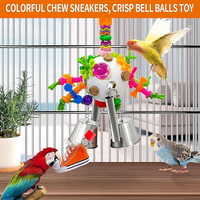 Bird Toys, Parrot Pullable Stainless Steel Cup Colorful Acrylic Stick Chew Toys for Amazons Mini Macaws African Greys Cockatoos Conures,Cockatiels, Lovebirds，Parrotlet，Eclectus (White)