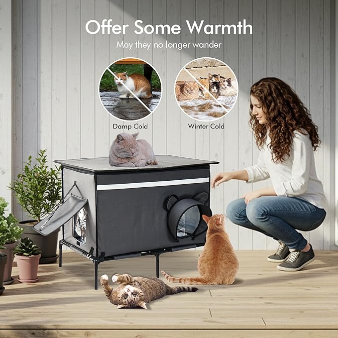 Heated Outdoor cat House for Outside, Weatherproof Insulated Feral Cat Shelter with Timer-Temp Control Heating Pad in Winter, Large Elevated Outdoor Cat House with Zipper, 2 Doors, Safety-Dark Gray