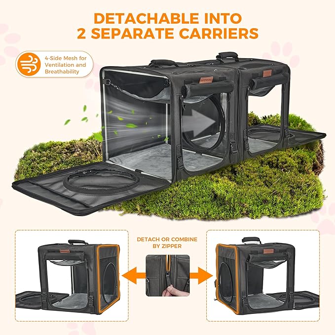 PETUX 2-in-1 Double Cat Carrier for Multiple Cats - Large Cat Travel Carrier with Litter Box, Play Tunnels, and Hammock - Portable Pet Carriers for Long Car Trips ＆ Vet Visit (34"x17"x17", Black)